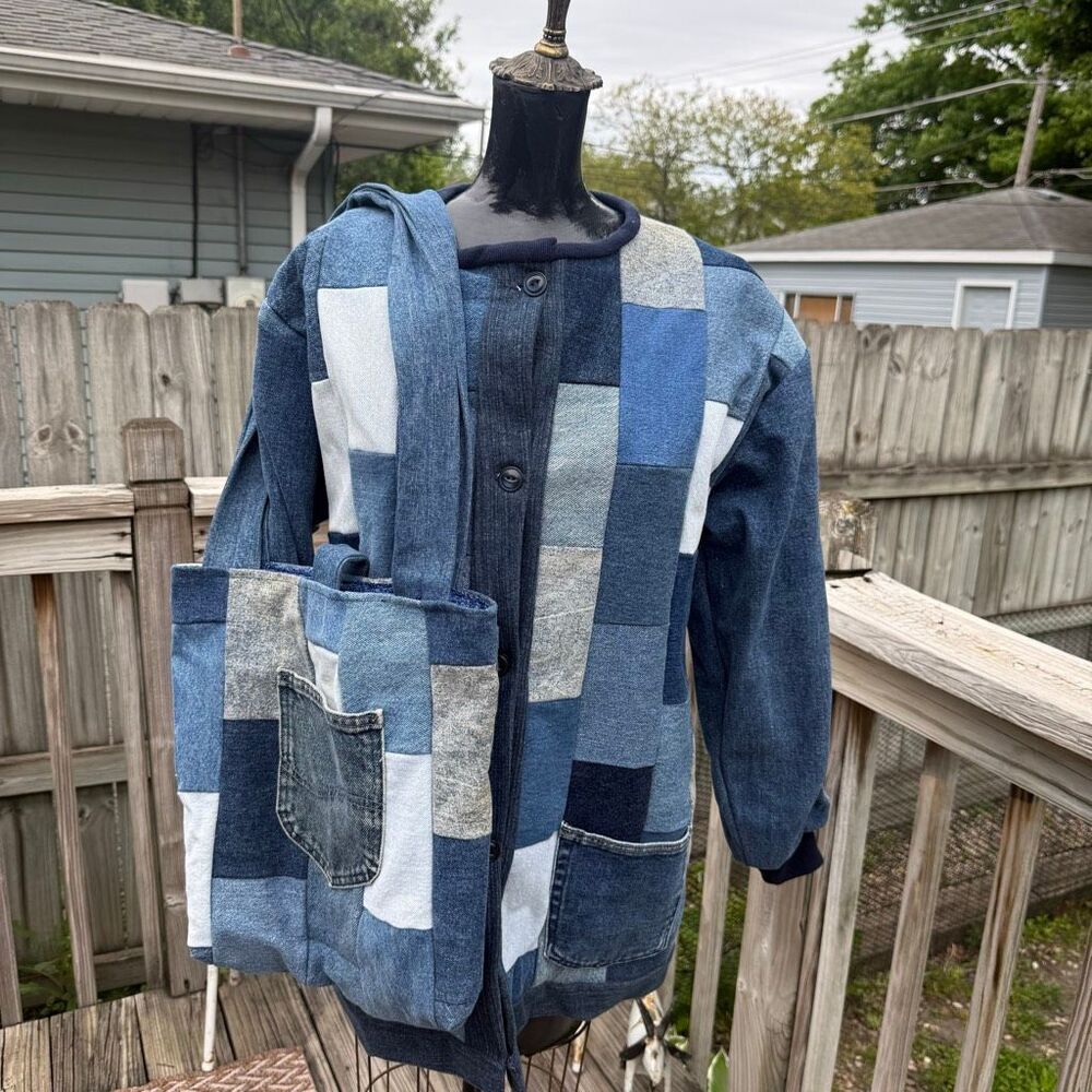 Vintage Handmade Patchwork Denim Jacket & Tote Set